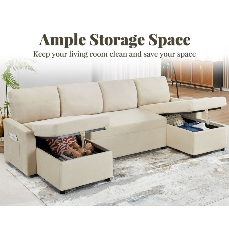 110-Inch Beige Chenille Sectional Sleeper Sofa with Storage Chaise