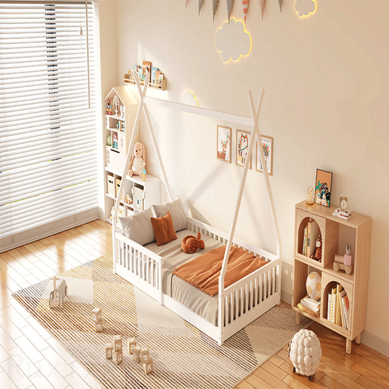 Lit simple en bois avec clôture, blanc, White