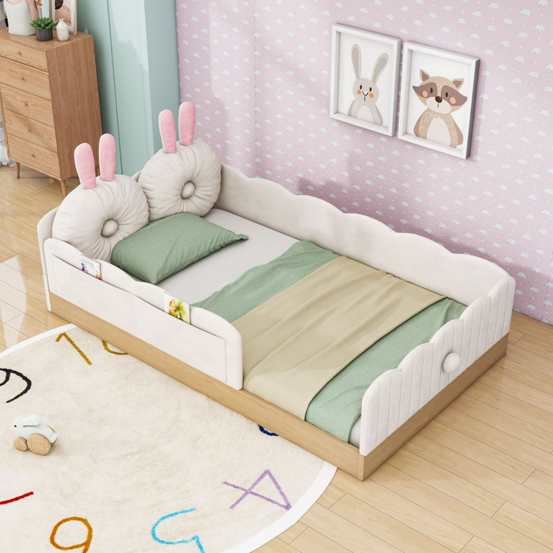 Upholstered Platform Bed With Animal Pillows And Storage Bags, Beige