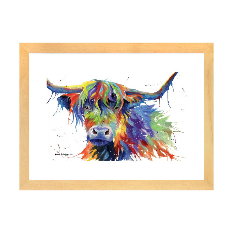 «Highland Cow Color» par Sarah Stribble - impression d'art graphique, Cadre papier naturel, H 16 po x l 24 po x P 1 po