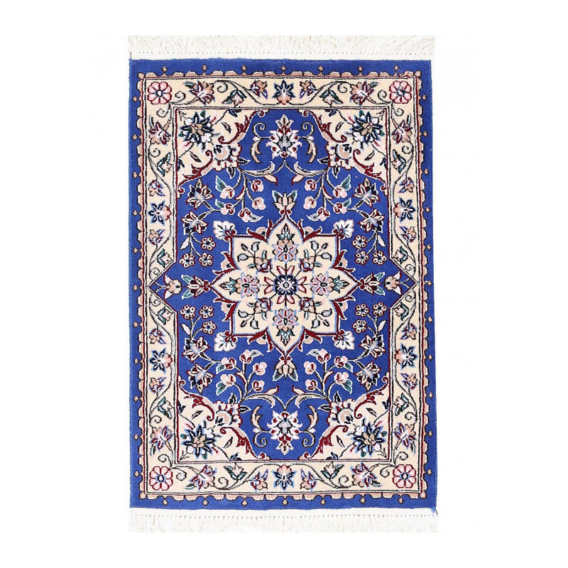Blue Fine Hand Knotted Persian Silk & wool Nain 1'7"'X 2'7'