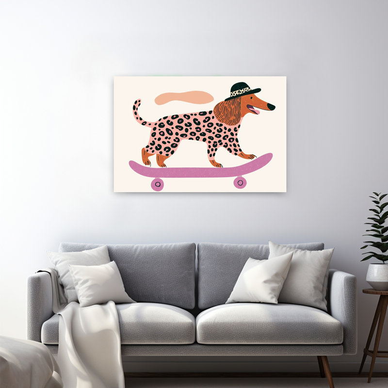 Cool Dog On Skateboard Modern Playful Contemporary Dog Wall Art Print 1 Piece Wrapped Canvas Wall Art, 81.28cm H x 121.92cm W