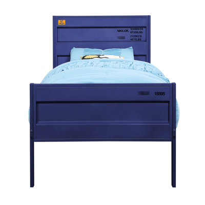 Lit simple en bleu avec structure en métal et porte-bagages pour conception de plateforme de chambre à coucher