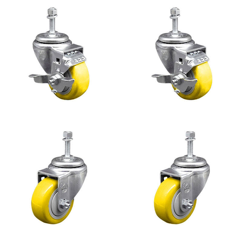Ensemble de roulettes à tige filetée en polyuréthane pivotant de 3 pouces en acier inoxydable de 3/8 de pouce et 2 freins SCC
