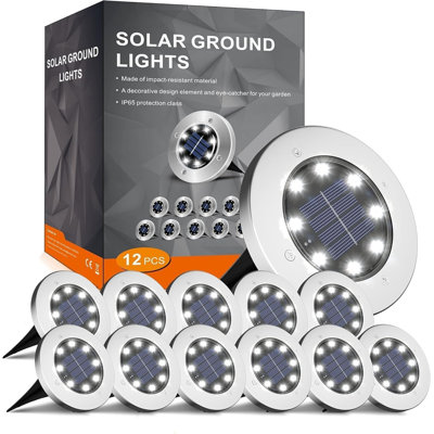 AWW 12-Pack Solar Garden Lights Outdoor, 8 LED Solar Ground Lights, IP65 Waterproof Stainless Steel Landscape Lights, Auto On/Off Solar Pathway Lights for Garden, Lawn, Yard, Patio and Driveway