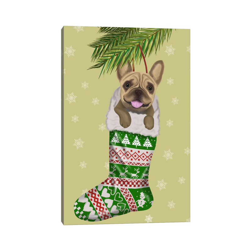 Bouledogue français en bas de Noël par Fab Funky - impression sur toile tendue, H 18 po x l 12 po x 1,5 po
