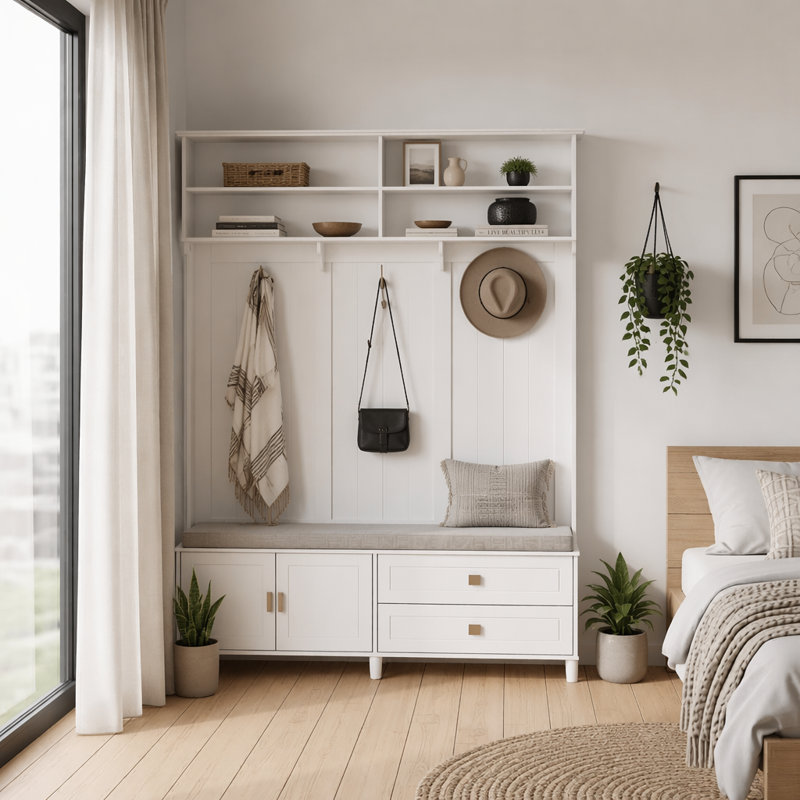 Portemanteau élégant avec espace de rangement, portemanteau d'entrée, mobilier chic et fonctionnel pour la vie organisée