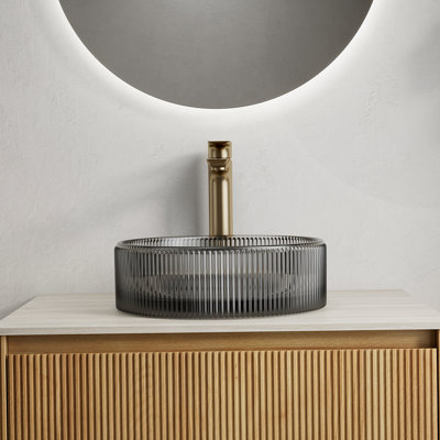 14'' Bathroom Round Crystal Glass Sink Without Faucet, Transparent Black