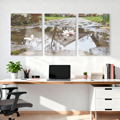Flower Reflections In Water Garden Canvas Wrapped Wall Art Oil Painting Print Set Of 3