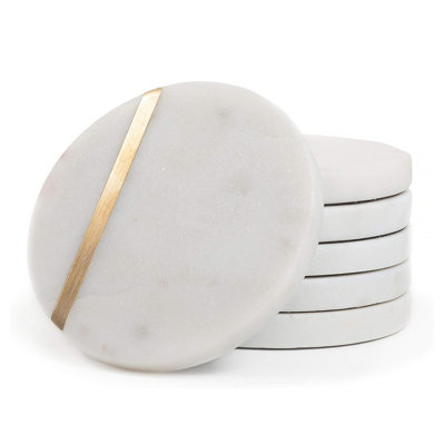 Marble Coasters Set of 6, White Marble with Gold Brass Inlay, Real Natural Semi Absorbent Stone Coasters for Coffee Table