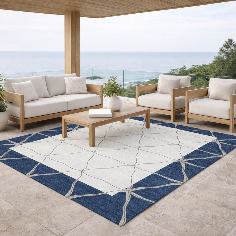 Machine Washable Indoor/Outdoor Chantille ACN2841 Border Rug, Navy, 5' x 7'6"