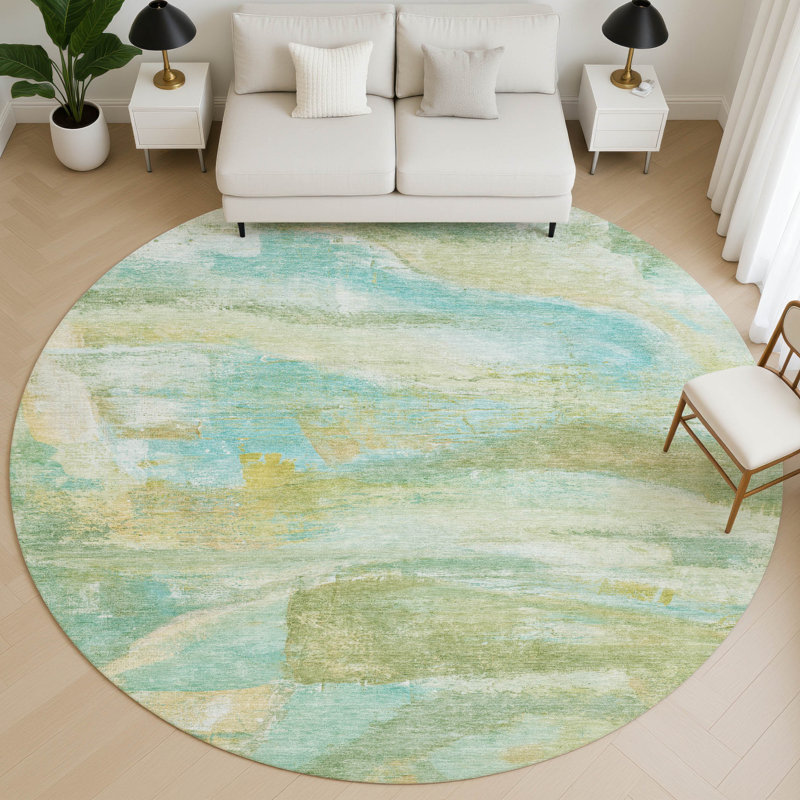 Premium Machine Washable Mayfield AMF2039 Abstract Rug, Green, 8' Round