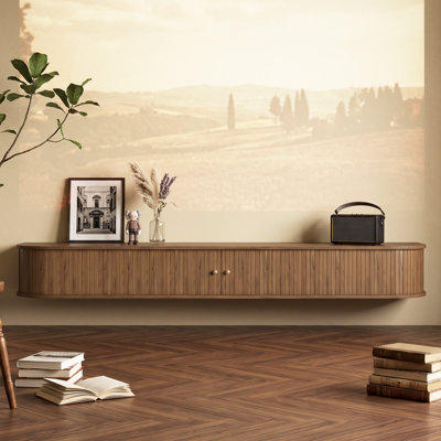 82.68" Floating TV Stand for TVs up to 90", Wall-Mounted Fluted Media Console with Curved Corners & 4 Storage Bays, Walnut