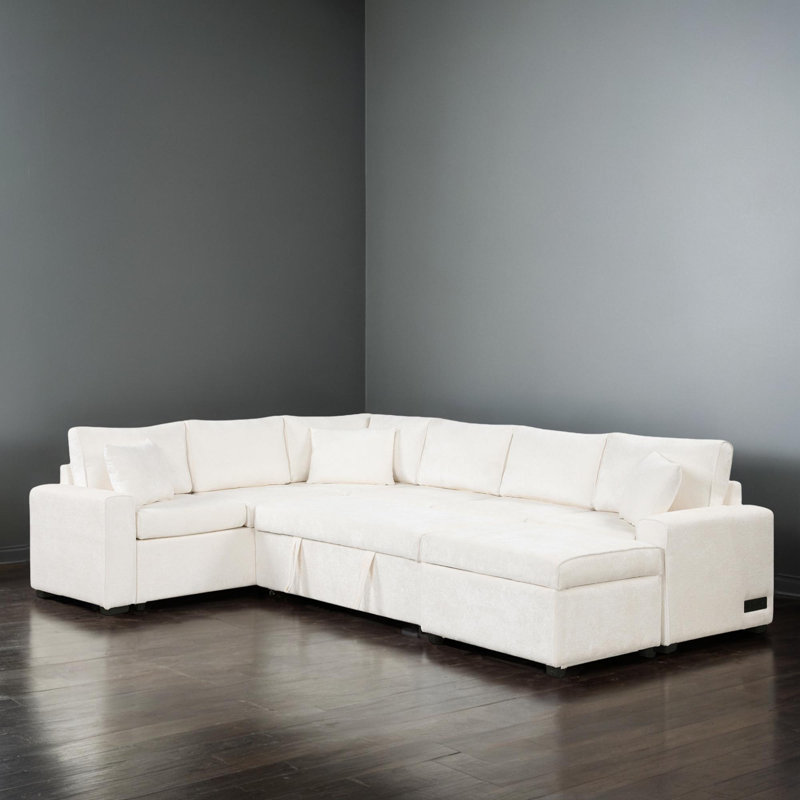 Canapé-lit modulaire escamotable en forme de U de 112 po avec ports USB, Chenille crème