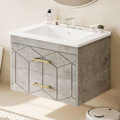 24" Floating Bathroom Vanity with Sink, Modern Wall Mounted Vanity Cabinet with Ceramic Top & 2 Drawers, Grey