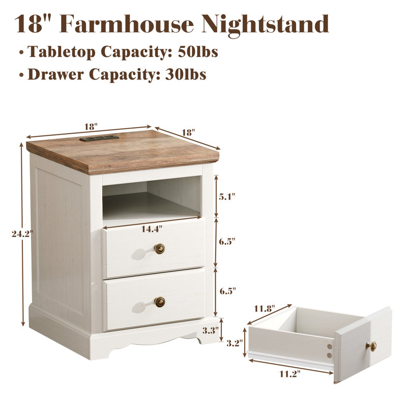 Gillreath Farmhouse Nightstand With Charging Station, White/Brown