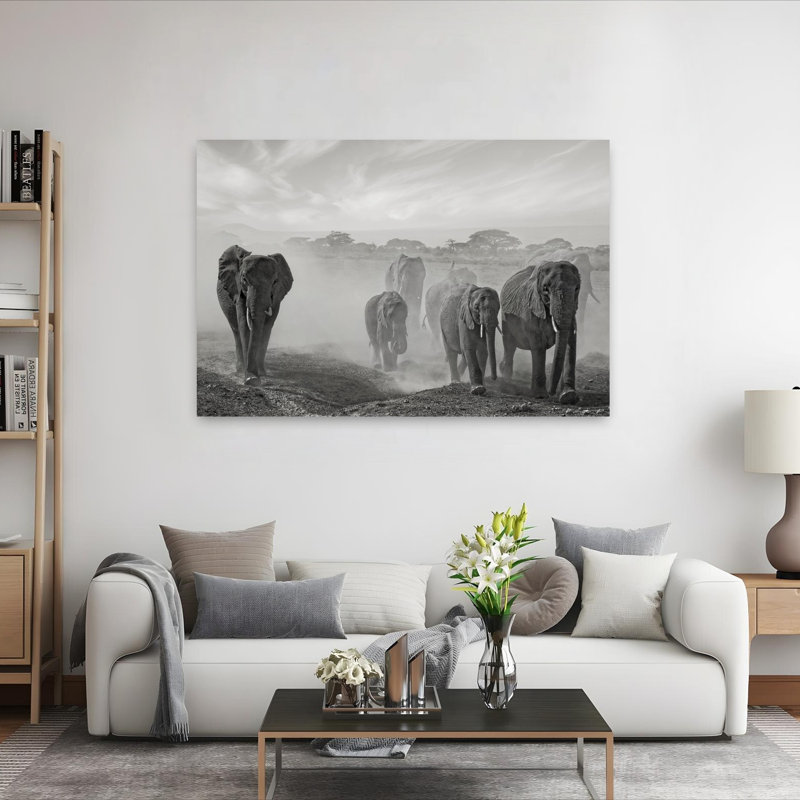 Éléphants en poussière d'éléphant contemporain, H 40 po x l 60 po