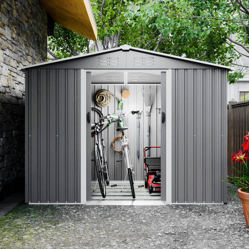 Remise de rangement en métal, H 72,52 po x l 98,22 po x P 72,63 po, Gris clair