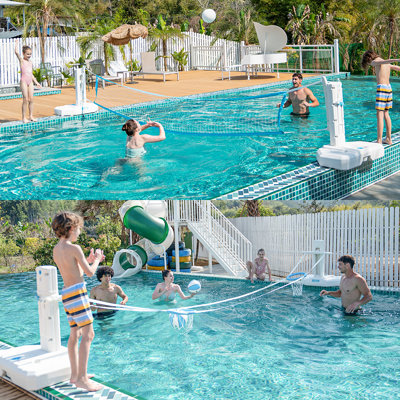 2-In-1 Pool Volleyball Net & Basketball Game Set, Adjustment 26-40 Inch Summer Outdoor Pool Game For Kids Adults Parties