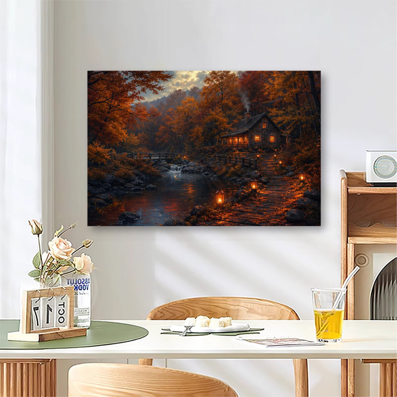 Cabane en pierre aux tons chauds d'automne, au bord d'un ruisseau, avec érables d'automne et lanternes de chemin - Tableau rustique sur toile