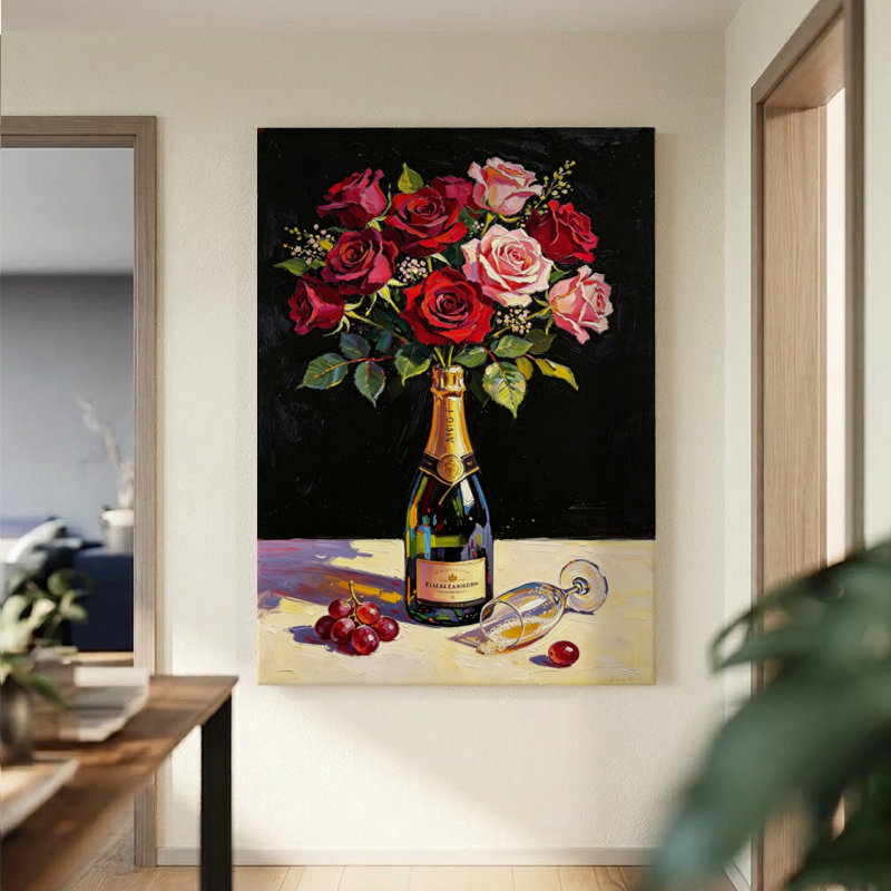 Tableau impressionniste sur toile « Bouquet de vigne et vin », 61 x 91 cm, monté sur châssis, décoration murale vin rouge et or pour salle à manger, bar et salon