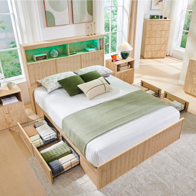 Bed Frame with 50" Tall Storage Headboard, LED Lights/Storage Headboard Charging Station, 4-Drawers with Fluted Queen Size Wood Platform Bed Frame