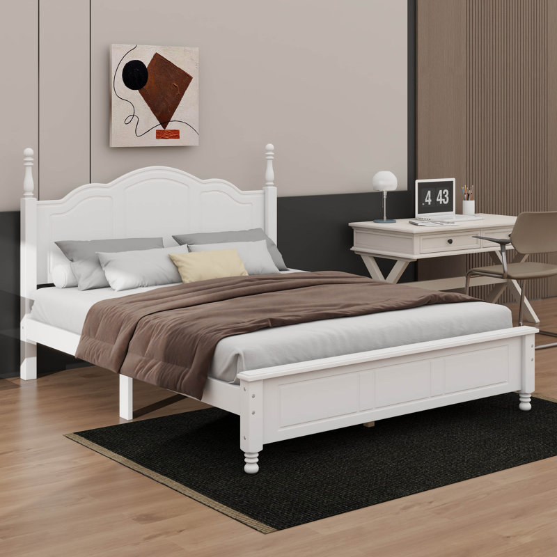 Lit plateforme robuste en lattes de bois avec attrait en bois rétro, Grand lit, Blanc