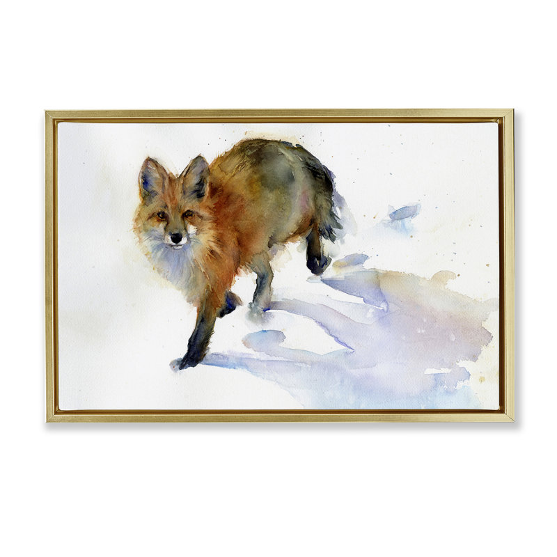 «Stepping Fox in Snow» par John Keeling, Cadre flottant métallique doré, H 21 po x l 31 po