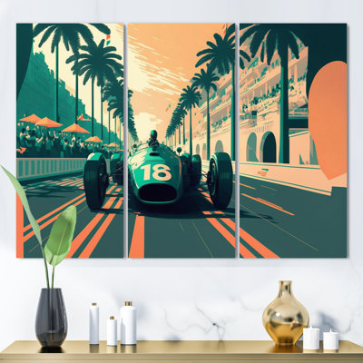 «Retro Race Car in Tropical Street Race I», reproduction sur toile 3 pièces
