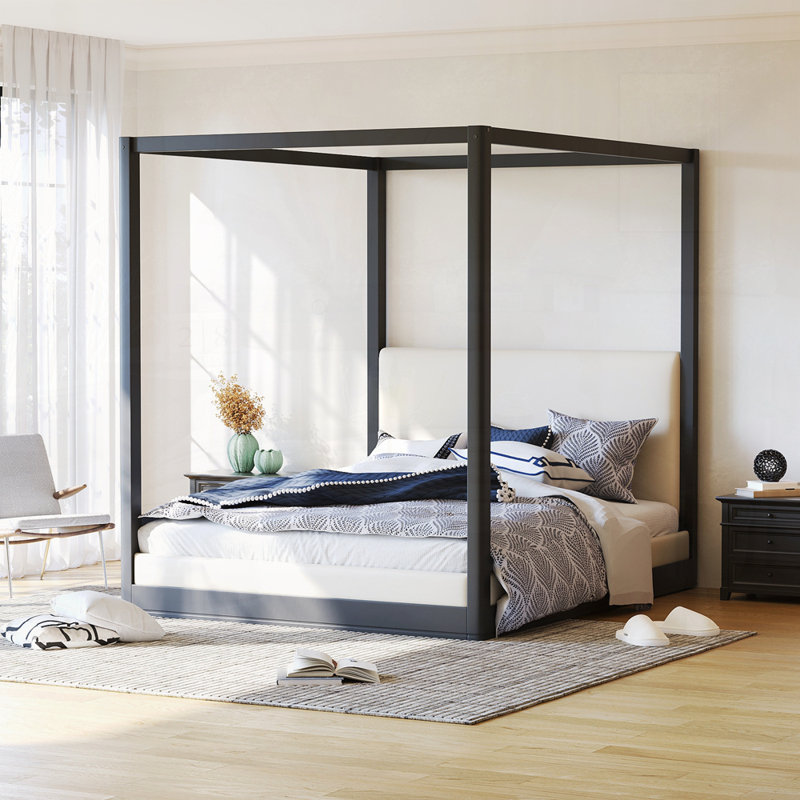 Lit plateforme à baldaquin en bois avec tête de lit tapissier, Black, Grand lit