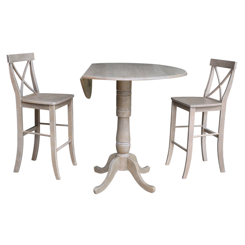 Danyela Bar Height Drop Leaf Solid Wood Dining Set, Washed Gray Taupe