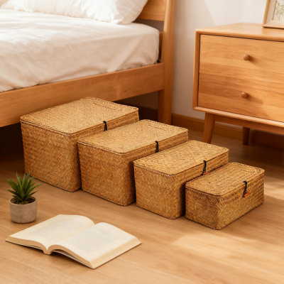 Woven Seagrass Storage Baskets With Lids, 4-Pack Rectangular Organizer Bins For Home Shelf Organization, Natural Rattan Decor