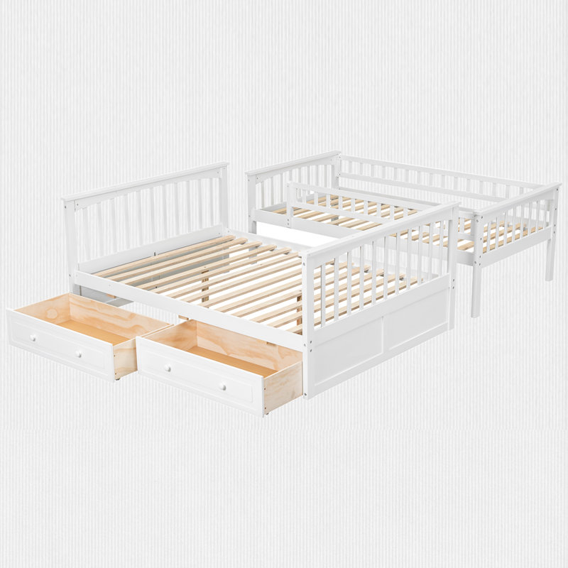 Lit simple superposé au dessus d'un lit double avec tiroirs de rangement, Blanc
