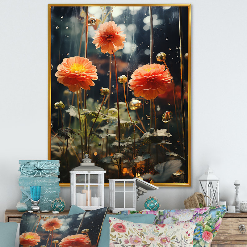 "Fleurs de zinnias orange et vertes", Cadre flottant doré, H 44 po x l 34 po x P 1,5 po