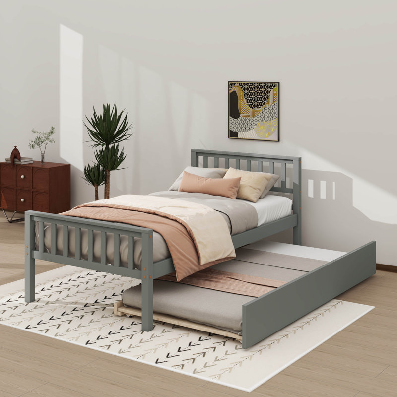 Structure de lit plateforme en bois robuste avec lit gigogne escamotable, Gris