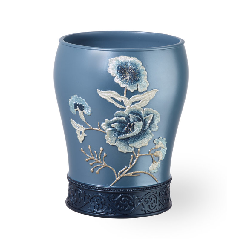 Blue Plastic Floral Embossed Bathroom Waste Basket