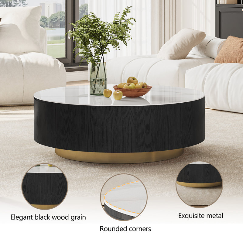 35.43" Round Coffee Table with Lift Top & Drawer, Faux Marble Surface, Solid Wood for Modern Living Spaces
