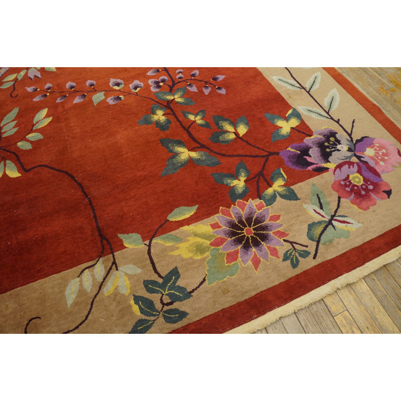 Antique Art Deco Large Room Size Wool Coral, Rose Rug