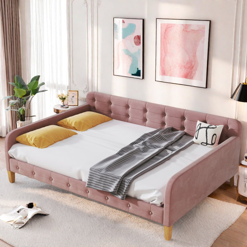 Upholstered Daybed With 4 Support Legs, Pink
