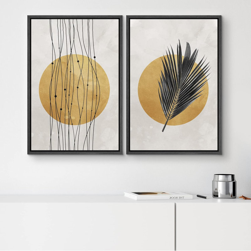 Minimal feuille tropicale et soleil doré, nature sauvage, art moderne, rustique, détente, calme, sombre, 2 pièces, Noir