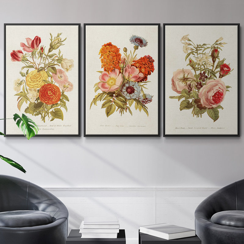 Antique Floral Bouquet I, ensemble de 3 toiles encadrées, H 40 po x l 78 po, Noir
