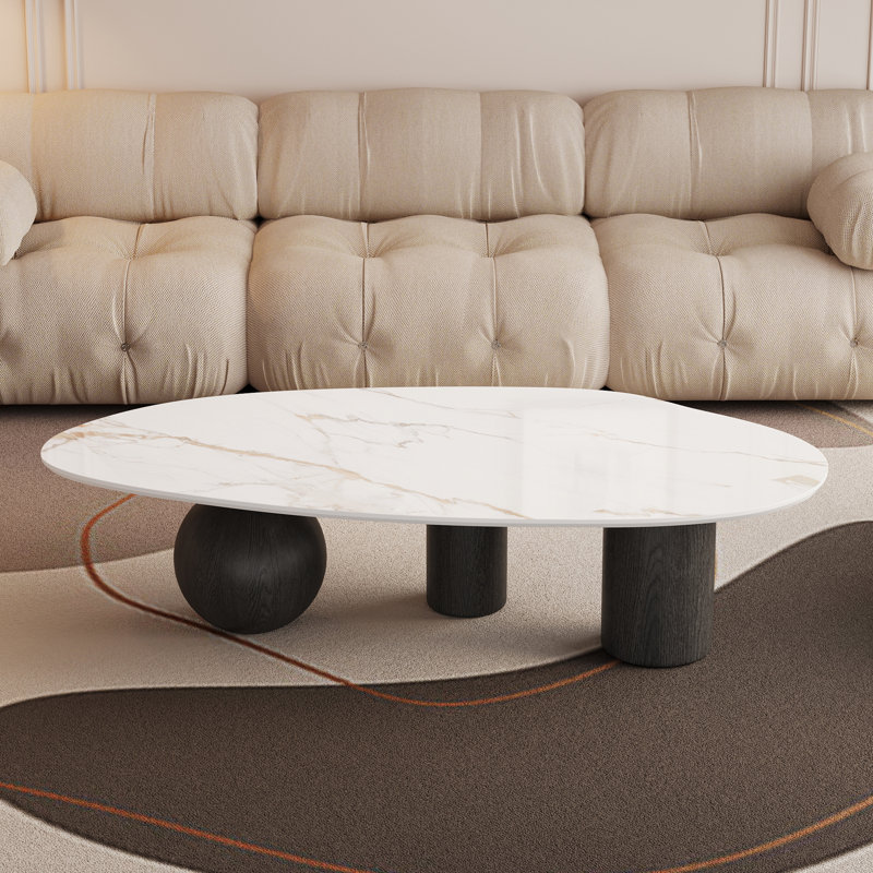 Faux Marble Modern White Coffee Table Three Legs Solid Wood Special Shape for Living Room, Black