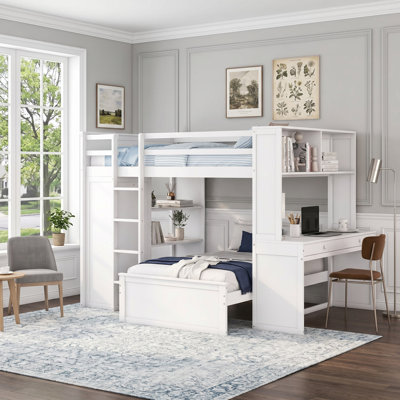 Full Size Loft Bed With Twin Stand-Alone Bed, Desk, Shelves And Wardrobe, White