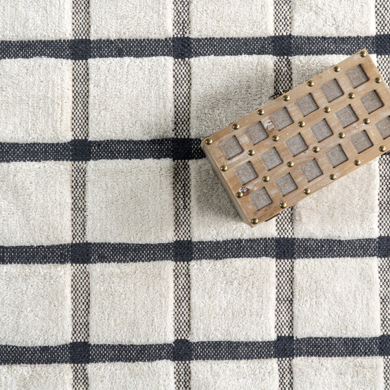 Ivory and Gray Checked Wool Runner Rug, 2' 6" x 8'