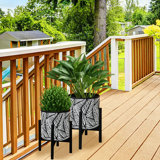 Tropical Palm Leaves Printed Fibreglass Planter Set With Stands - Durable & Stylish