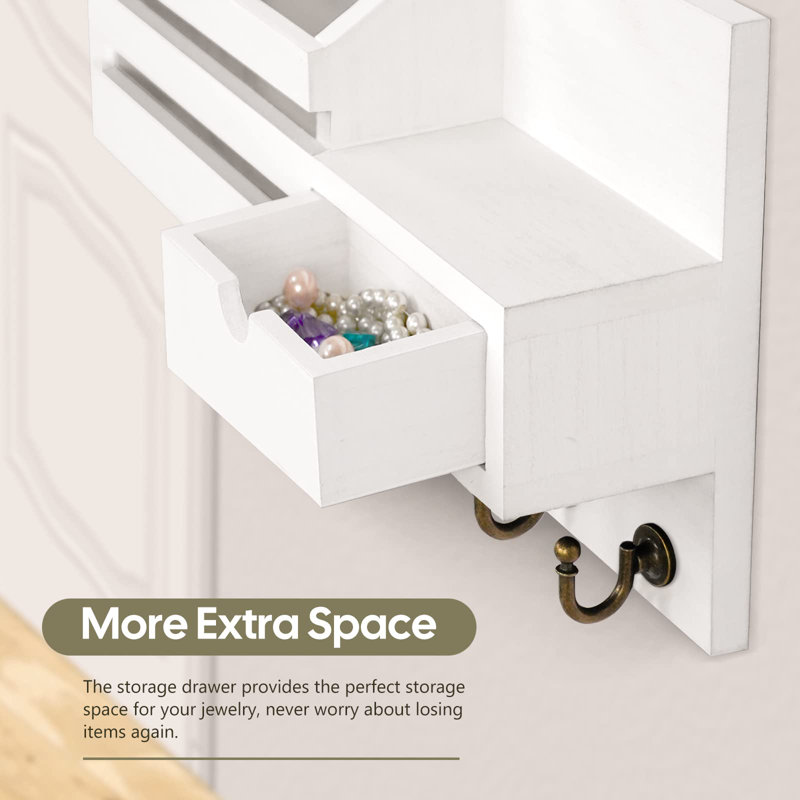White Wooden Wall-Mounted Key and Mail Organizer with Drawer