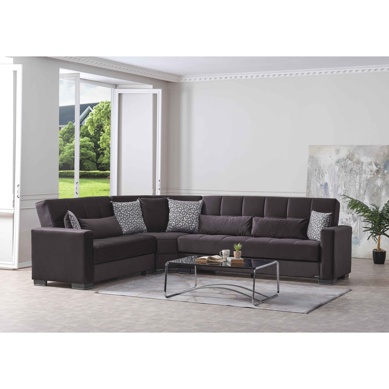 Cailum Legacy Reversible L-Shaped Sleeper Sofa Sectional w/ Storage Seats for Living Room, Black Microfiber, Brown/White