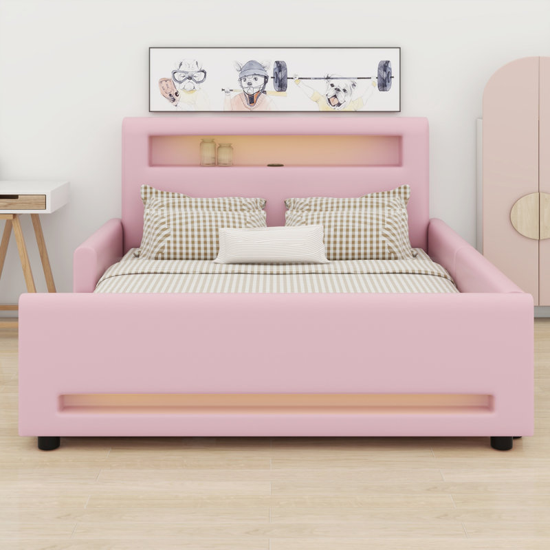 Lit plateforme tapissier Modern Luxe avec bande DEL, port USB et tiroir de rangement, Rose