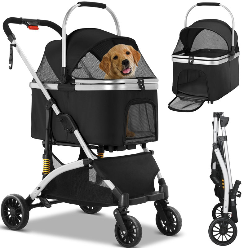 Foldable Pet Stroller, Black/Silver