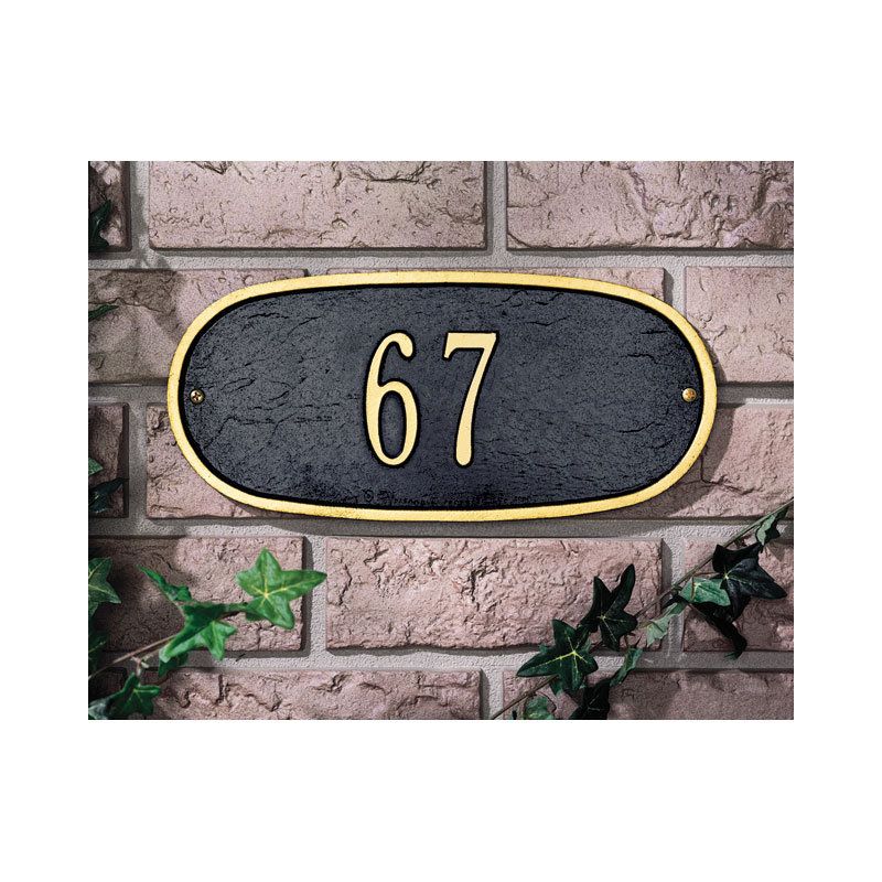 Plaque d'adresse murale ovale standard, Noir / lettres dorées, Oui